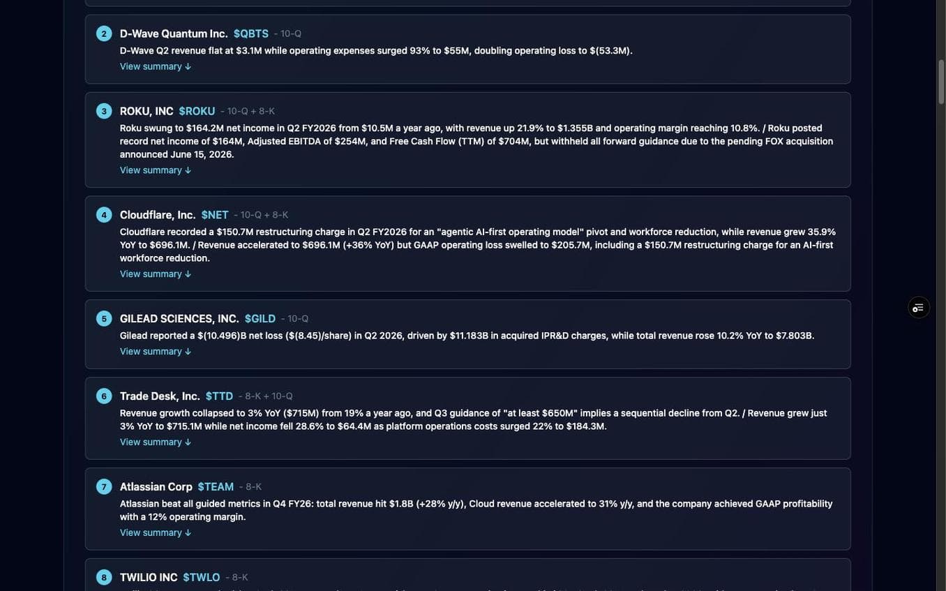 PositionTracker public demo SEC filings analysis page listing AI-summarized 10-Q and 8-K filings with an email alert signup area.